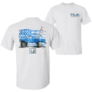 Huk American Flag Fishing Truck Tee, Vintage Pickup Patriotic Shirt, Saltwater Angler T-Shirt, USA Fishing Lifestyle Graphic Tee, Performance Fishing Apparel