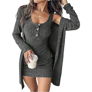 Women's 2 Piece Sweater Dress Set Knit Long Sleeve Open Front Cardigan and Bodycon Mini Dress Fall Outfit