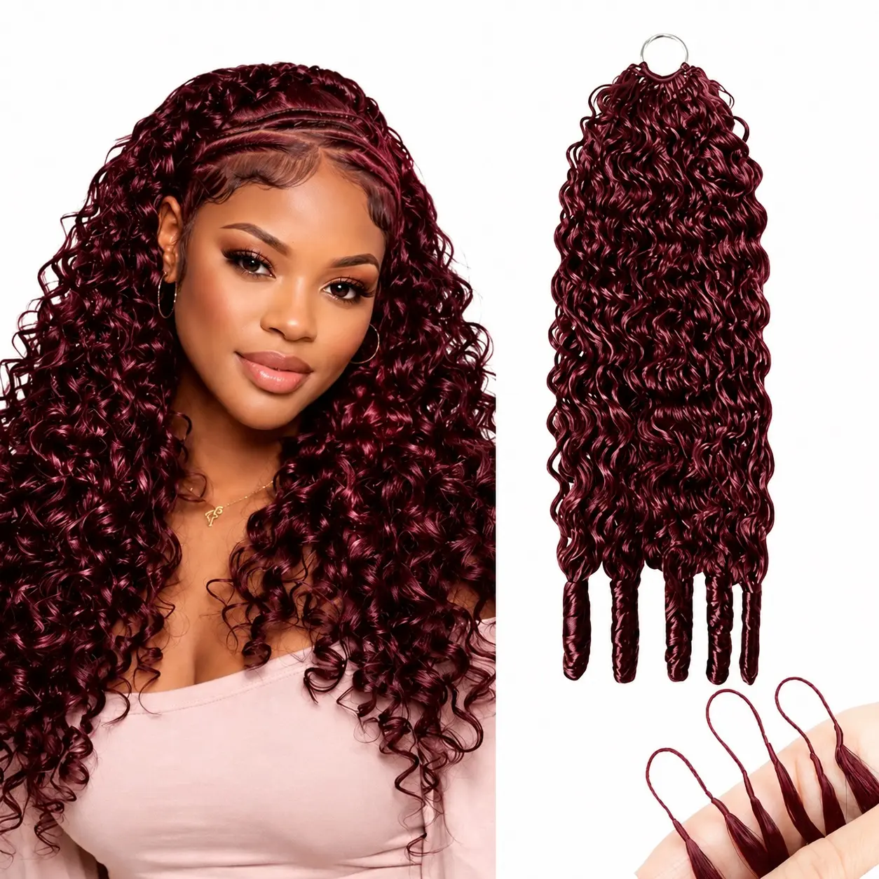 Burmese Curly Crochet Human Hair for Black Women 99J Red Burgundy, 50g Pre-Separated Feather Crochet Braiding Hair 14-24 Inch, Invisible Miracle Knots No Weft Bulk Hair, Soft Lightweight Kinky  Curly Bundles Deep Wave Hair Extensions Bling Hair
