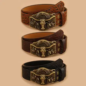 Western cowboy-style embossed PU belt with snap buckle; Bohemian-style couple’s belt with animal decorations; everyday fashion accessories; Western-style round decorative belt; Western belt buckles; trendy, individual belts
