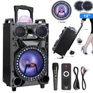 12" Bluetooth Portable Speaker Subwoofer Rechargeable  System DJ Karaoke Trolley Heavy Bass Speaker Party PA System With FM AUX Microphone Remote LED