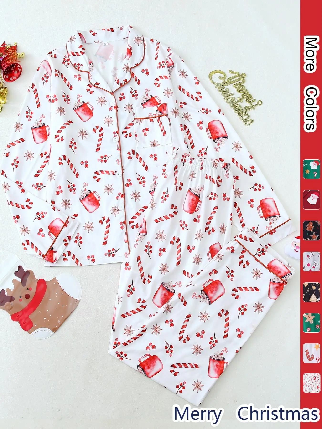 Two-piece Set Women's All Over Print Lapel Neck Button Front Pajama Set, Long Sleeve Pocket Top & Elastic Waist Pants Pj Set, Valentine's Day Gift for