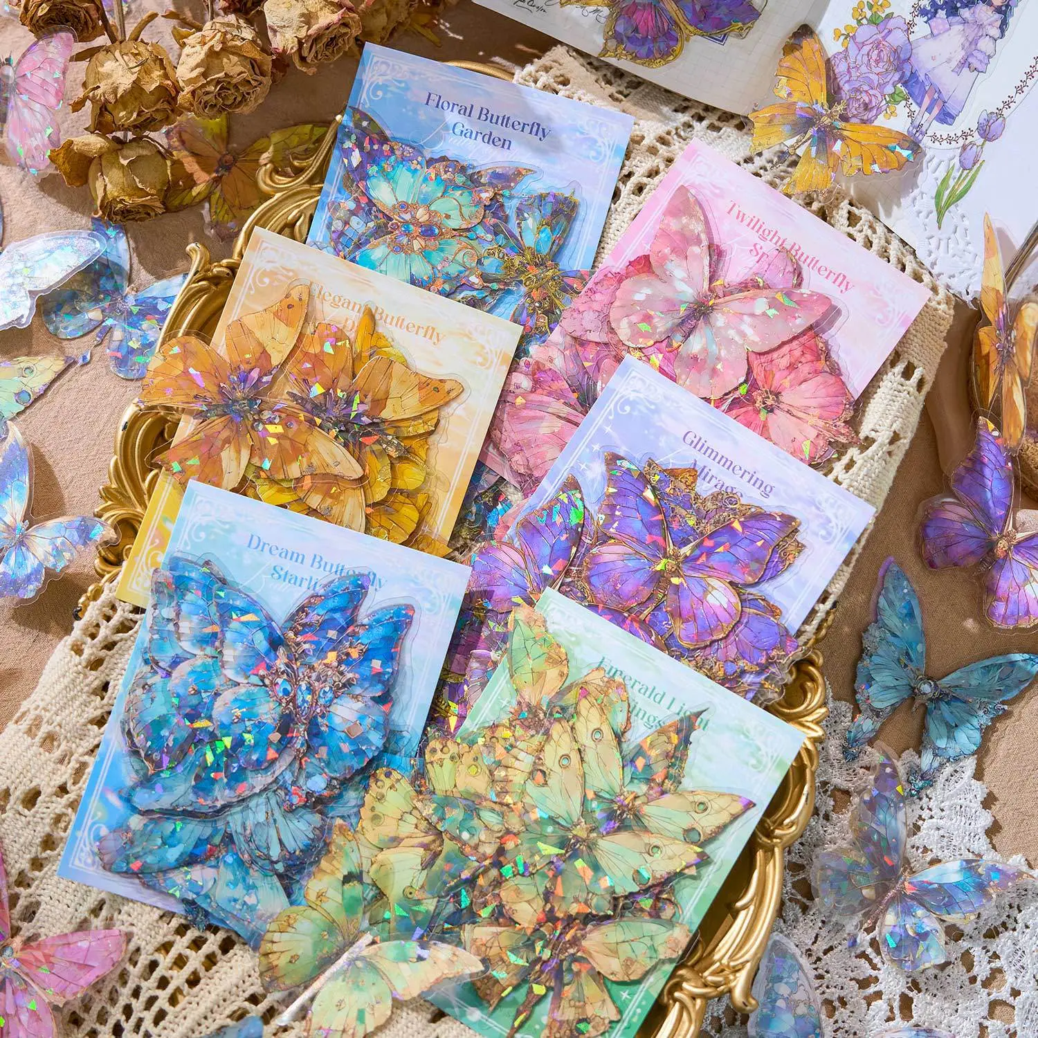 Large Holographic Butterfly PET Stickers with Clear Borders - 20 Pieces per Pack 10 Unique Styles per Pack