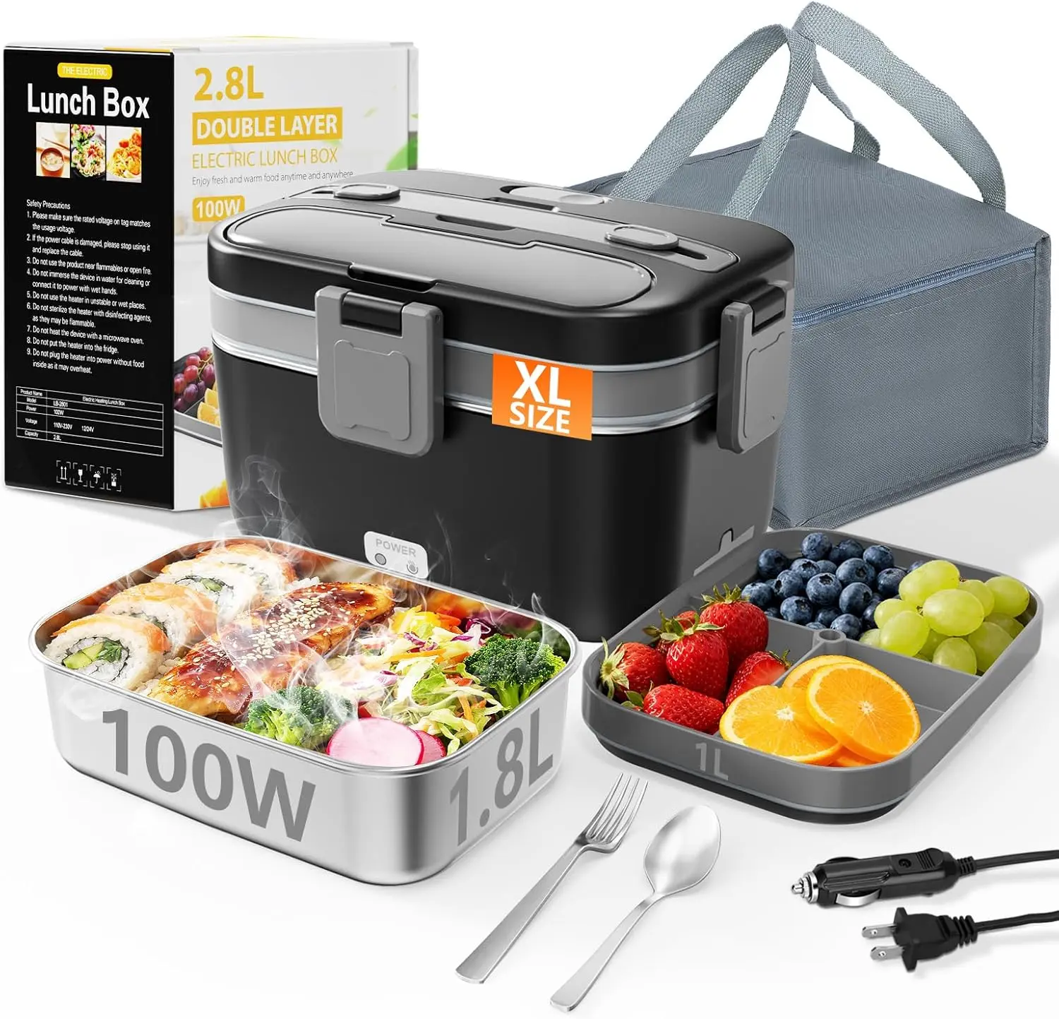 Electric Lunch Box for Adults, 2.8L Double Layer 100W Fast Heated Lunch Box, Heating  Heater Warmer for  Office   Use,  Lonchera Electrica Portatil 12/24V/110-230V,Black