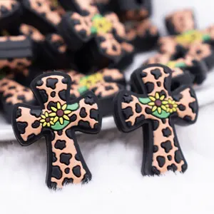 Cow Print Cross with Flower Silicone Focal Bead Accessory