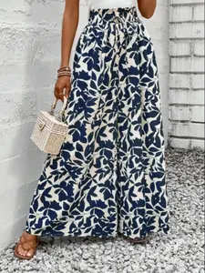 Women's Summer Romantic Plant Print Loose Wide Leg Pants, High Waist Elastic Waistband with Bow Tie, Boho Beach Casual Style, High Rise Palazzo