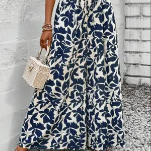 Women's Summer Romantic Plant Print Loose Wide Leg Pants, High Waist Elastic Waistband with Bow Tie, Boho Beach Casual Style, High Rise Palazzo