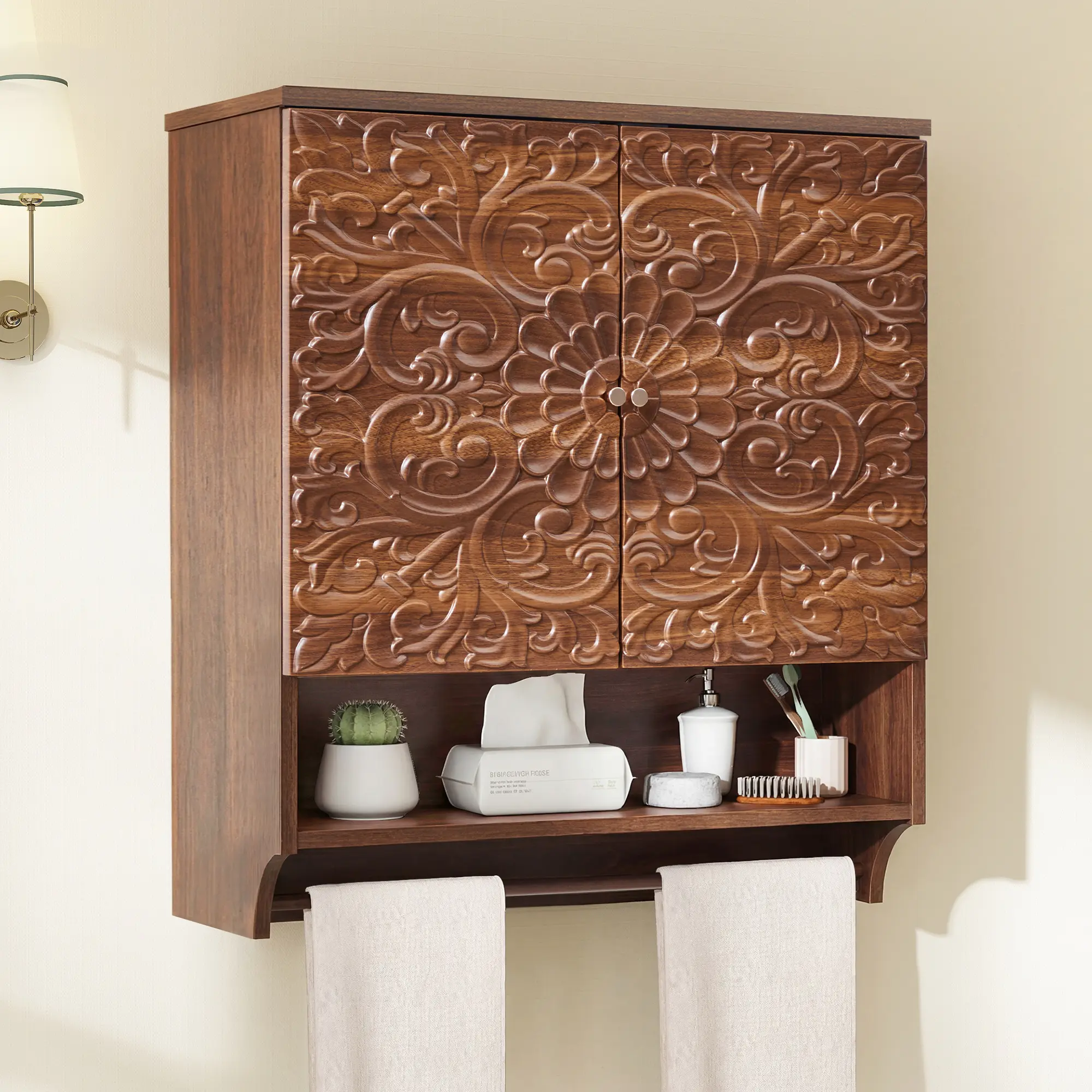 Giratree 24" Medicine Cabinet with Carved Floral Doors, Wall Mounted Bathroom Cabinet with Towel Bar, Waterproof Molded Construction, Soft-Close Hinges Over the Toilet Storage