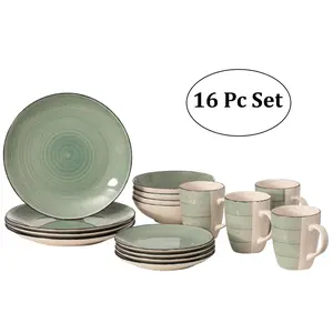 212 MAIN 16-Piece Ceramic Dinnerware Set for 4 - Stylish, Minimalist, Lightweight, Chip & Crack Resistant, Stackable Dishes with Mugs, Salad Plates, Dinner Plates, Bowls, Dishwasher & Microwave Safe, Green