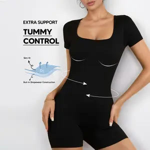 Suprenx Women's Short Sleeve Compression Workout Bodysuit, Ribbed Tummy Control Romper, Non-See-Through Butt Lifting Gym Jumpsuit