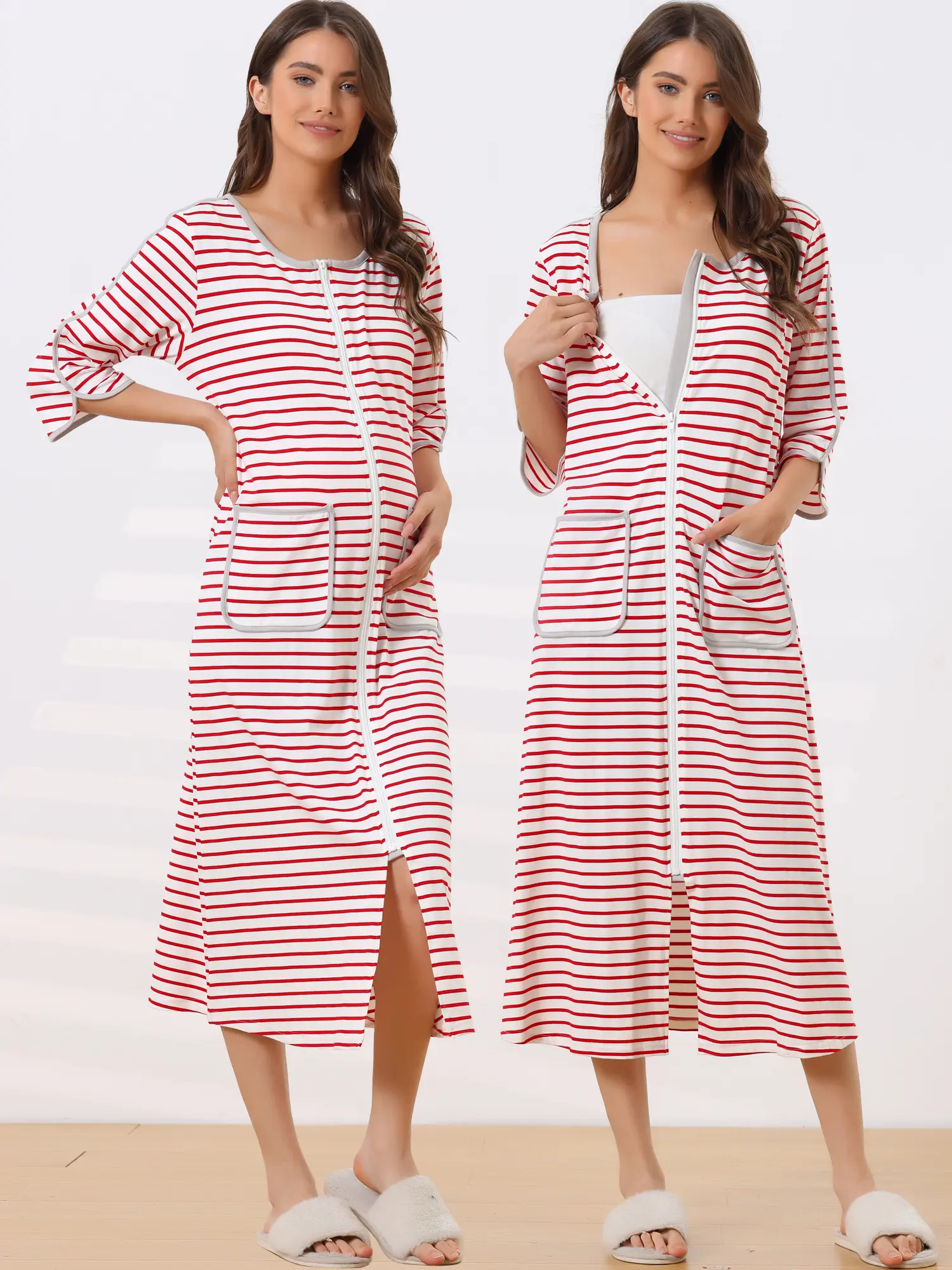 INSPIRE CHIC 3/4 Sleeve Striped Long Bathrobe House Dress Housecoat Pajama