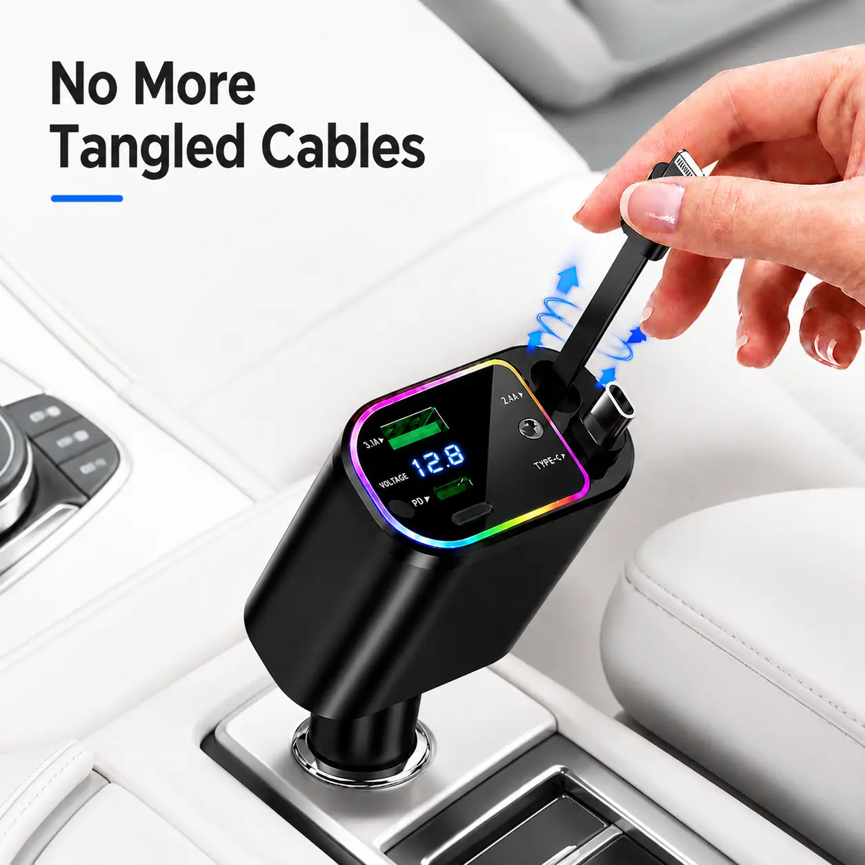 5-in-1 Retractable Car Charger with Compact Plug, Dual 70cm Cables, USB-C Fast Charging, RGB Interior Light, Digital Voltage Display, Multi-Device Standard Socket Cars Accessories for iPhone Android