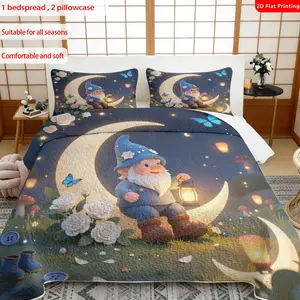3 pcs, 2D flat print Cute Gnome Moonlight bed cover set, Enchanted Night Garden theme, multiple sizes available, bedding set, festive decorative bedding, ideal for bedroom decor(1 bedspread , 2 pillowcases)