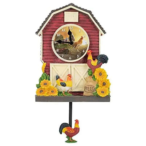 Farm Rooster Pendulum Rustic Floral Wall Clock, 15 Inch Resin Stone Wall & Tabletop Clock, Country Farmhouse Kitchen Decor, Vintage Rooster Clock with Swinging Pendulum, Decorative Rustic Farm Animal Clock, Silent Quartz Battery Operated Clock for Living.