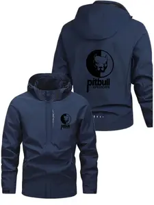 Men's Fashionable Pitbull Logo Jacket, Casual Hooded Design, Zipper Pockets, Polyester Material, Spring & Fall Wear, Loose Fit