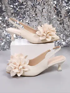 2026 Summer New Women's Apricot Floral Decor Pointed Toe Slingback Kitten Heel Sandals, Elegant High Heels