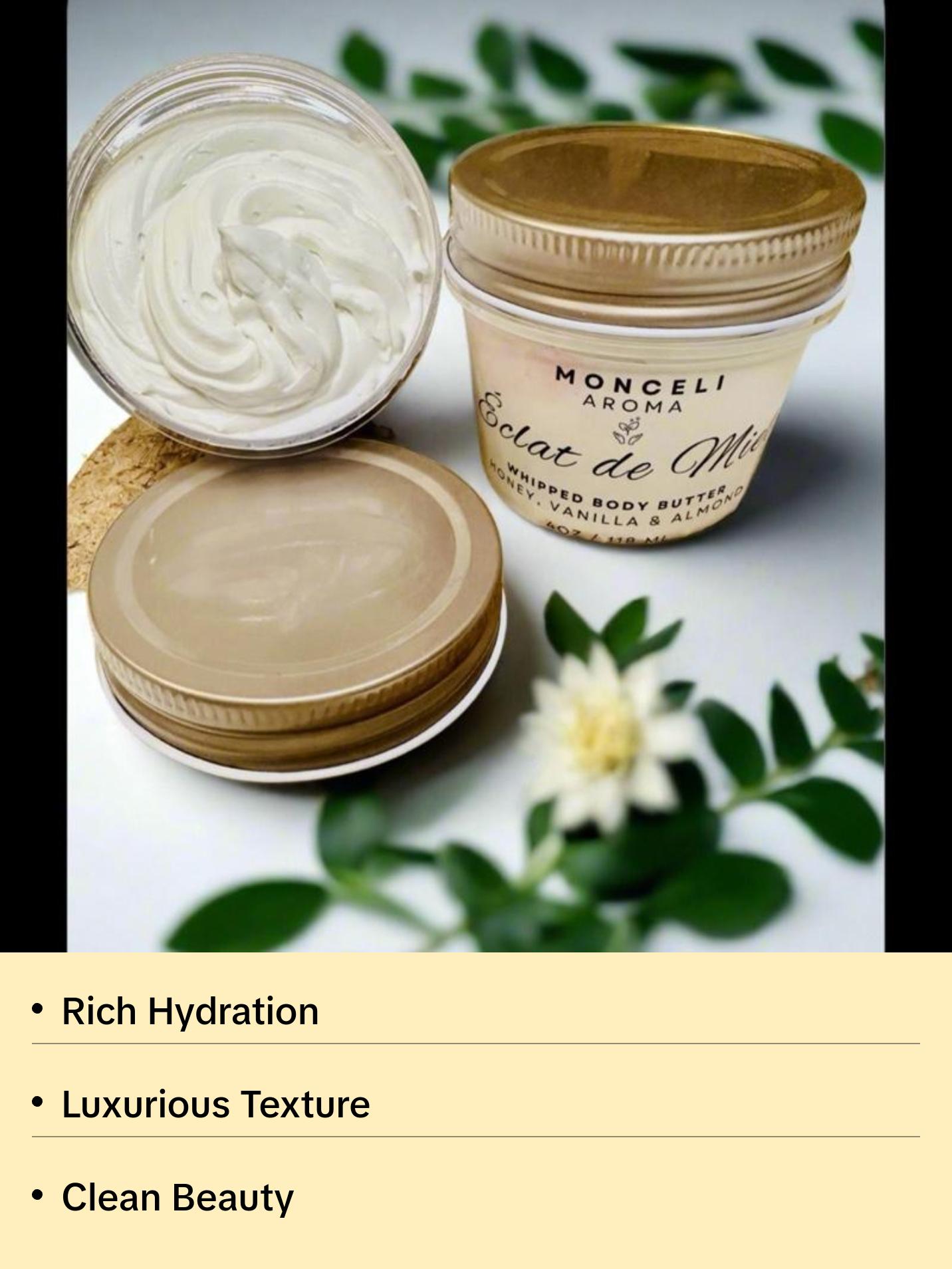 Monceli Aroma Whipped Body Butter - Honey, Vanilla & Almond - 4oz Monceli Aroma Whipped Body Butter - Honey, Vanilla & Almond - 4oz