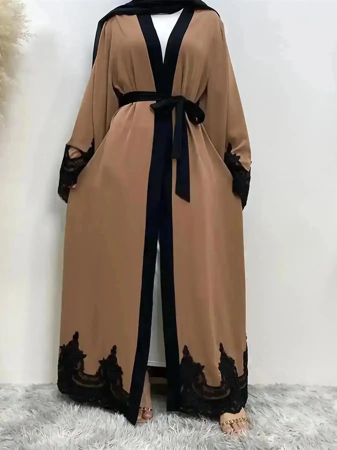 Fashion 2026 Arabic Clothing-contrast Lace Long Sleeve Belted Abaya, Contrast Binding Muslim Dress with Belt, Women's Islamic Clothing, for Women, Go To, Aesthetic, Style Essential, Vacation Mode, Work Wear, Sunshine