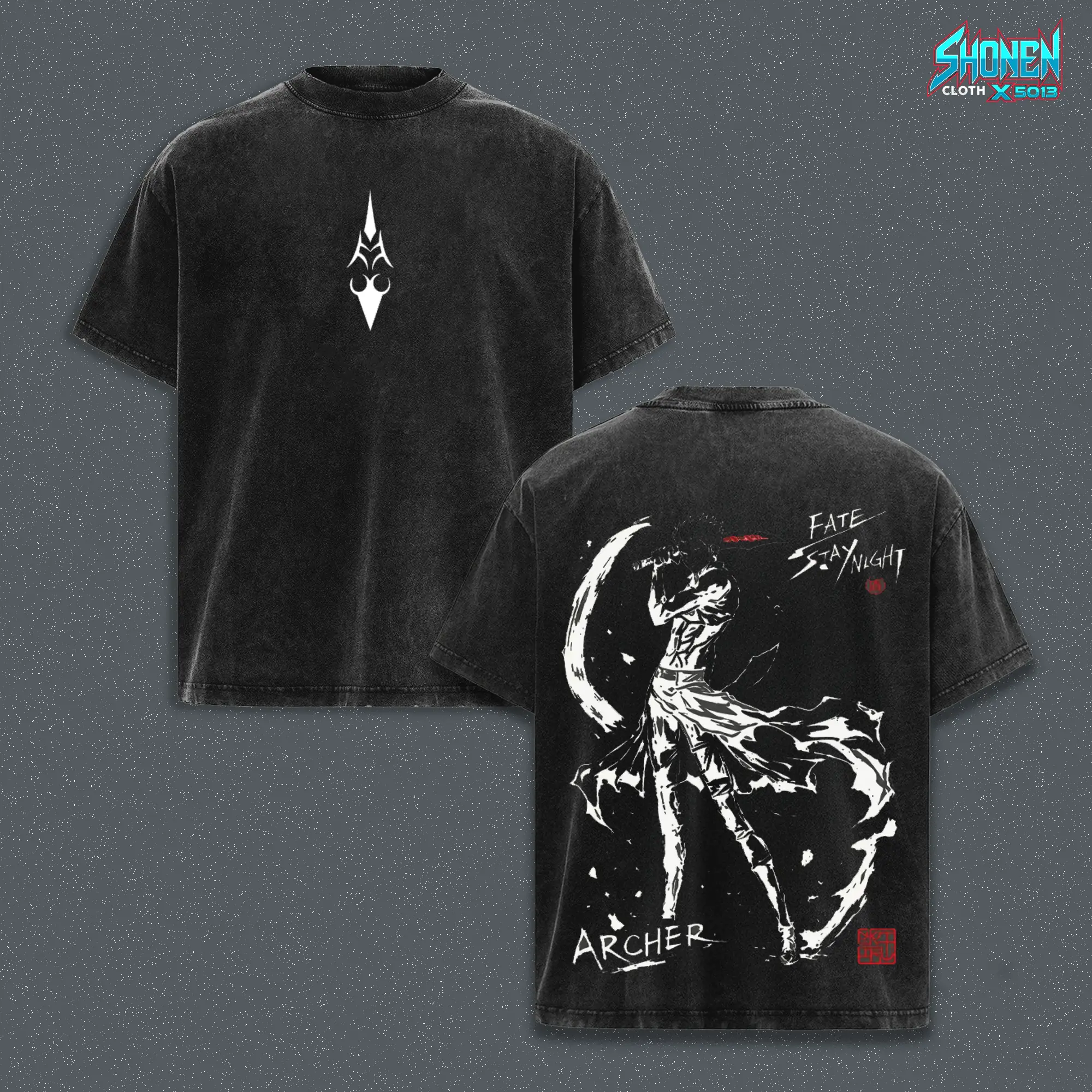 Fate Stay Night Archer Game Graphic Tee, Vintage Washed Black T-Shirt, Heavyweight Cotton Oversized Fit, Otaku Streetwear Fashion, Dark Urban Aesthetic Unisex Top