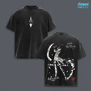 Fate Stay Night Archer Game Graphic Tee, Vintage Washed Black T-Shirt, Heavyweight Cotton Oversized Fit, Otaku Streetwear Fashion, Dark Urban Aesthetic Unisex Top
