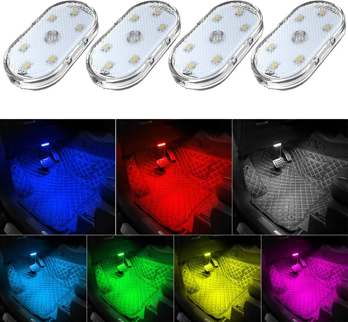 4Pcs Car LED Lights Interior Wireless, Colors Interior Car Lights with 6 Bright LED Lamp Beads, Portable USB Rechargeable Car Interior Led Night Light for Car Decor