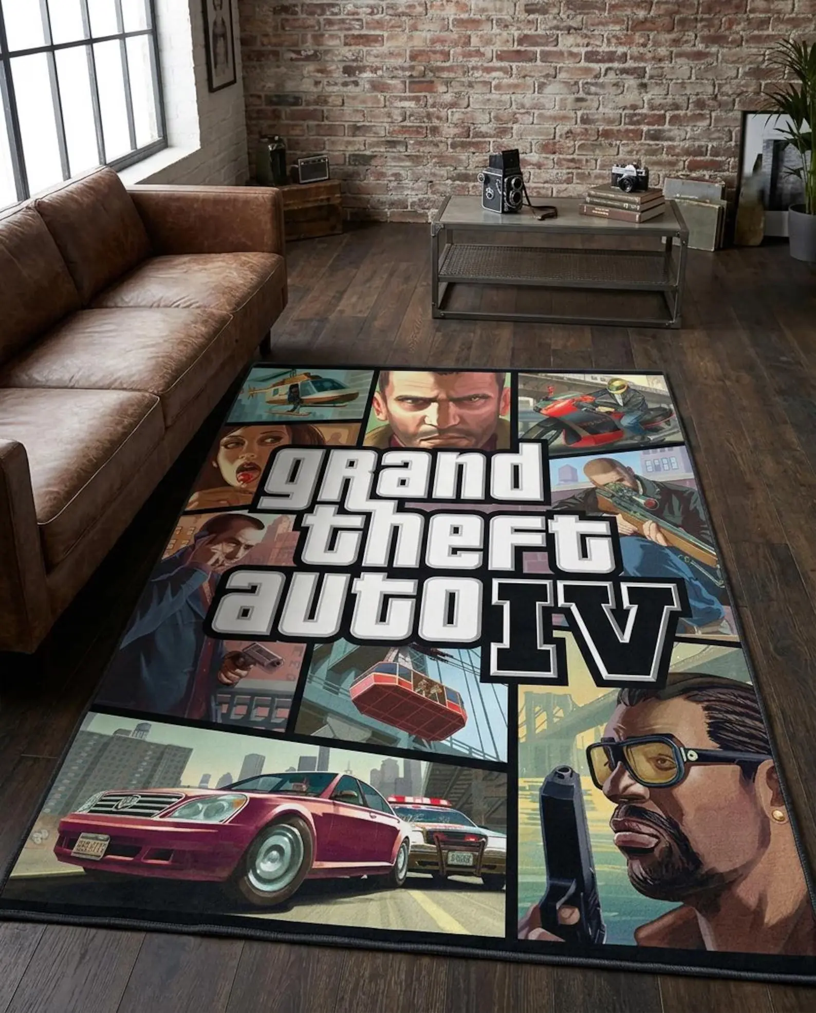 GTA IV Cover Art Collage Area Rug - Gaming Pop Art Textile for Game Room, Ideal Gift for Video Game Enthusiasts