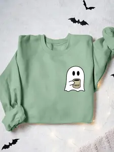 Women's Cartoon Ghost Print Crew Neck Sweatshirt, Casual Drop Shoulder Long Sleeve Pullover, Women's Fall & Winter Clothes for Daily Wear