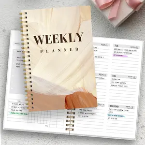 A5 Minimalist Weekly Planner Notebook, Neutral Color Abstract Art Cover, Dual Wire Binding, Undated, Goal Planning & Habit Tracking