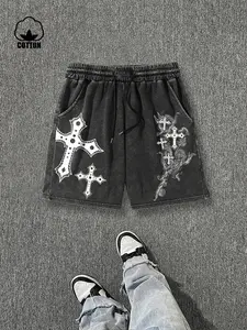 Trendy Gothic Street Style Denim Shorts, Unique Cross & Tattoo Print, Loose Vintage Worn Look, Cool Fashion for Tiktok, Urban Life, Casual Parties