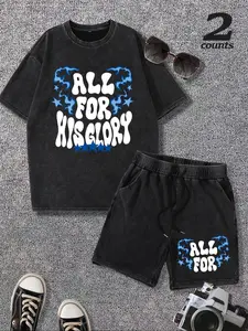 Men's All for His Glory Print Short Sleeve Tee & Shorts Two-Piece Set, Regular Fit Casual Round Neck T-shirt & Shorts, Men's Summer Clothes, Cotton