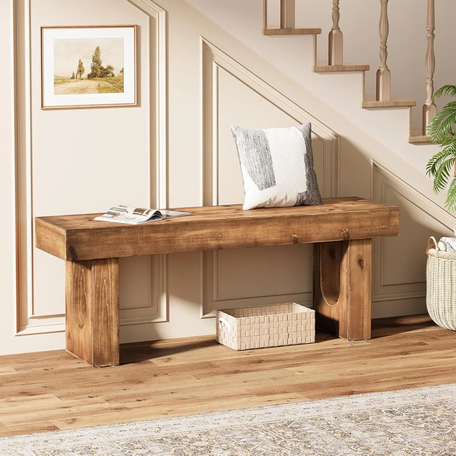 TRIBEWOOD 47" Solid Wood Farmhouse Bench, Rustic Entryway Bench with U-Cutout Legs, Heavy Duty Indoor Dining Bench, 300 Lbs Capacity for Hallway, Living Room, Bedroom