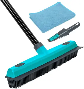 Pet Hair Removal Broom - Carpet Rake Rubber Broom with Squeegee Rug Rake to Fluff Carpet