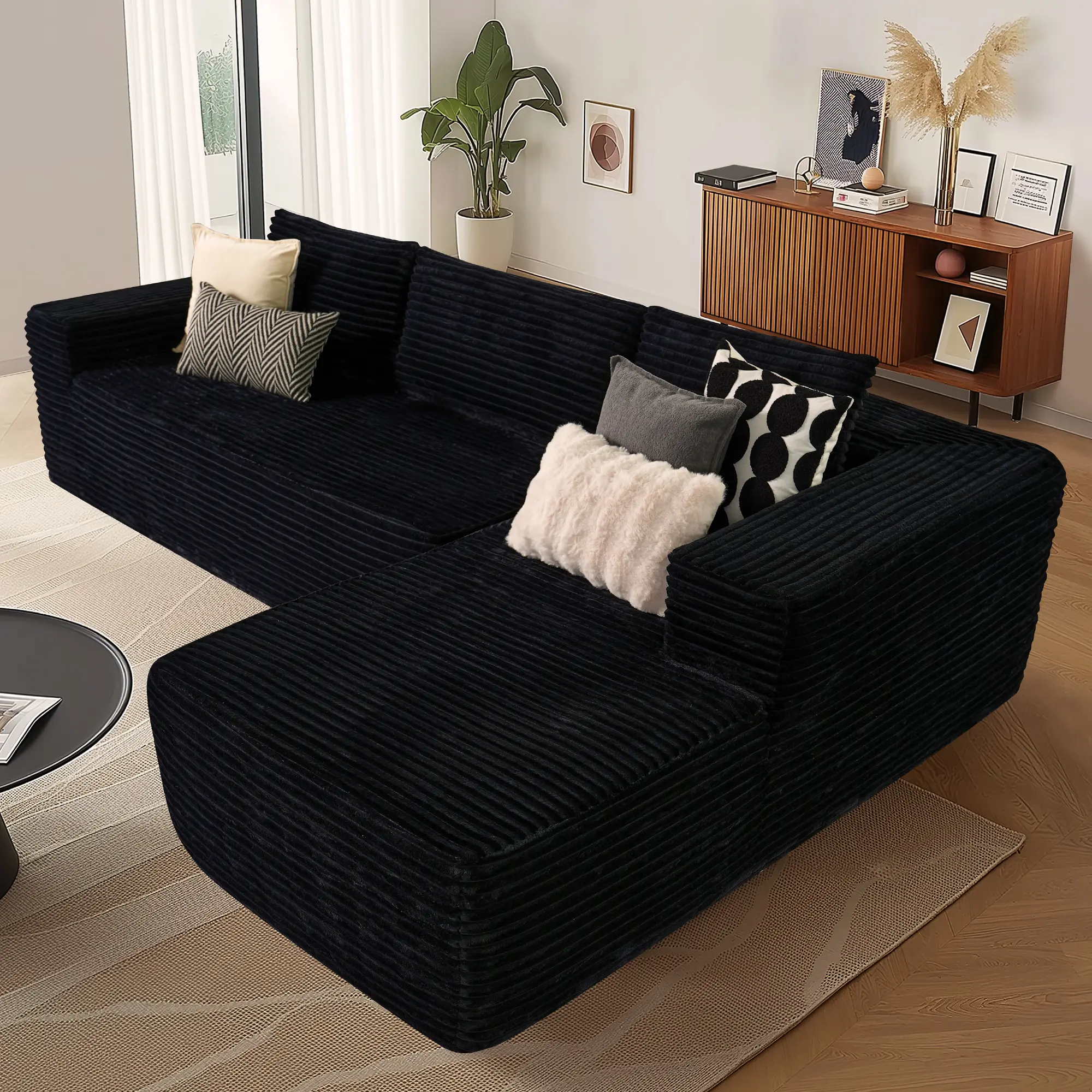 Black Plush Corduroy Right Chaise
