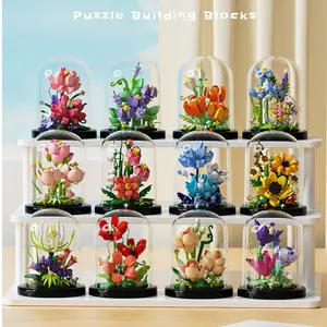 Puzzle Building Blocks Artificial Flower Set with Fade-Resistant Display Case for Valentine's Day & Christmas Festive Decoration DIY Iris Block Flower Toy