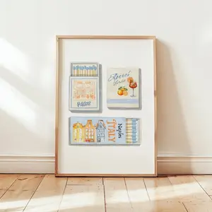 Blue Matchbox Poster, Retro Matchbook Wall Art, Aesthetic Italy Print for Apartment & Bar Cart Decor UNFRAMED