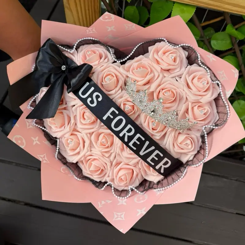 Heart-Shaped Baby Pink Rose Bouquet with "US FOREVER" Ribbon, Black Bow and Silver Crown Perfect gift for Anniversary Proposal Engagement Birthday