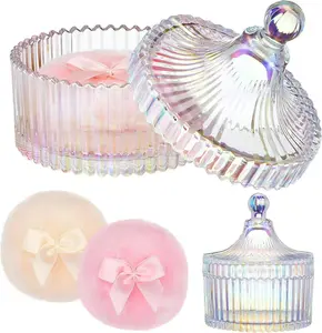 Ultra Soft Velvet Powder Puff & Crystal Glass Jar Set 3.54" Diameter for Body Makeup Amber Color Washable Reusable Dusting Puff with Elegant ContainerGlass Jar Can Store Jewelry, Candy, Watches and More, Perfect Elegant Gift