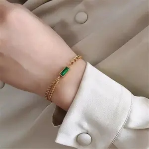 Elegant Gold-Tone Chain Bracelet with Green Stone Accent for Women's Fashion Accessories Stylish and Trendy