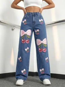 JR JEANIUS WEAR Women's High Waist Oversized Wide Leg Denim Jeans - High Stretch Light Wash, 3D Pink Bow, Cherry Sequin Print, Glossy Lady Streetwear Piece, Breathable Aesthetics for Everyday Sweet Casual Wear