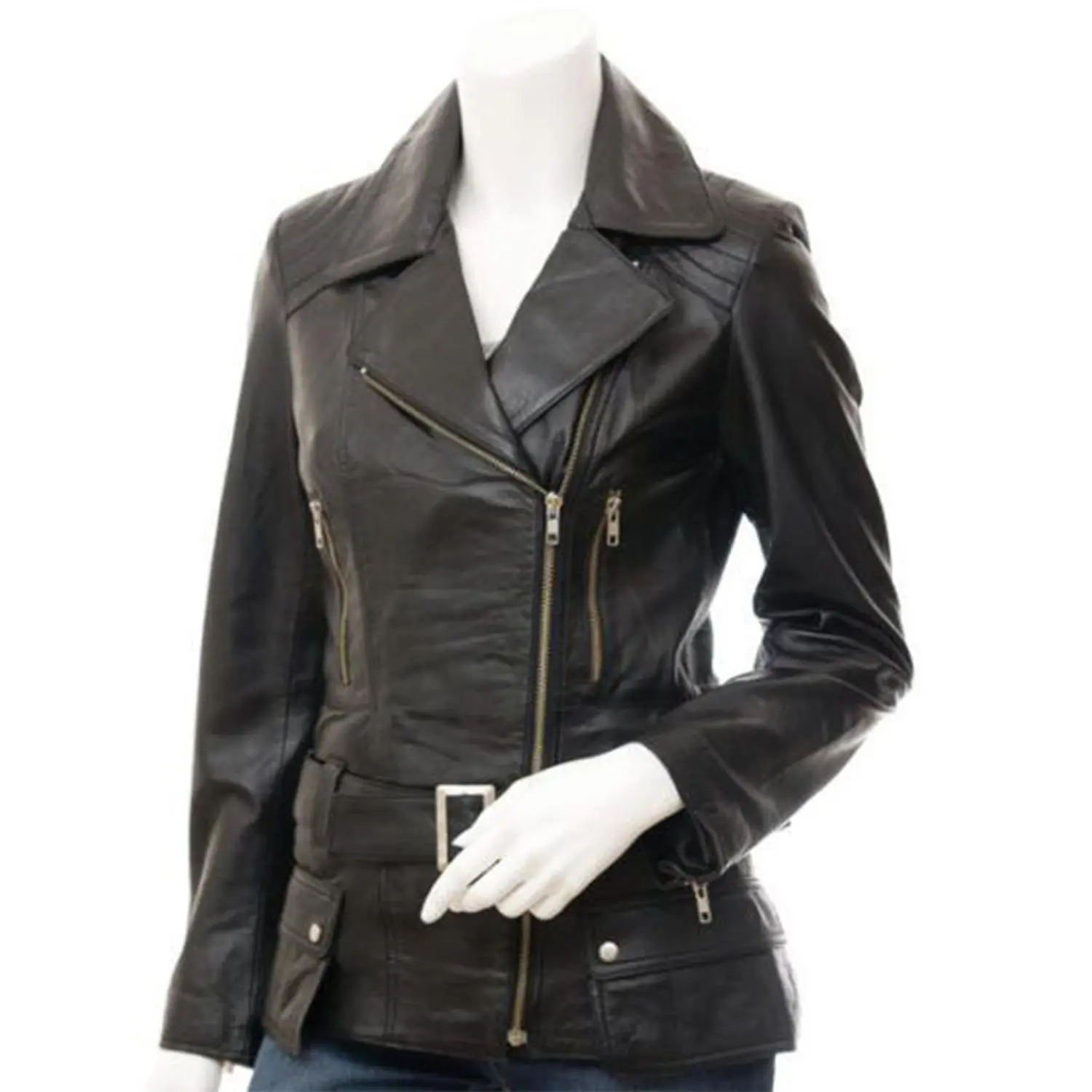 Women's Long Black Biker Real Sheepskin Leather Jacket
