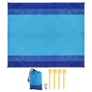 KBF Water Resistant Beach Mat 78" x 81" with Carry Bag & Stakes Blue Navy Blue Striped Design for Outdoor Activities