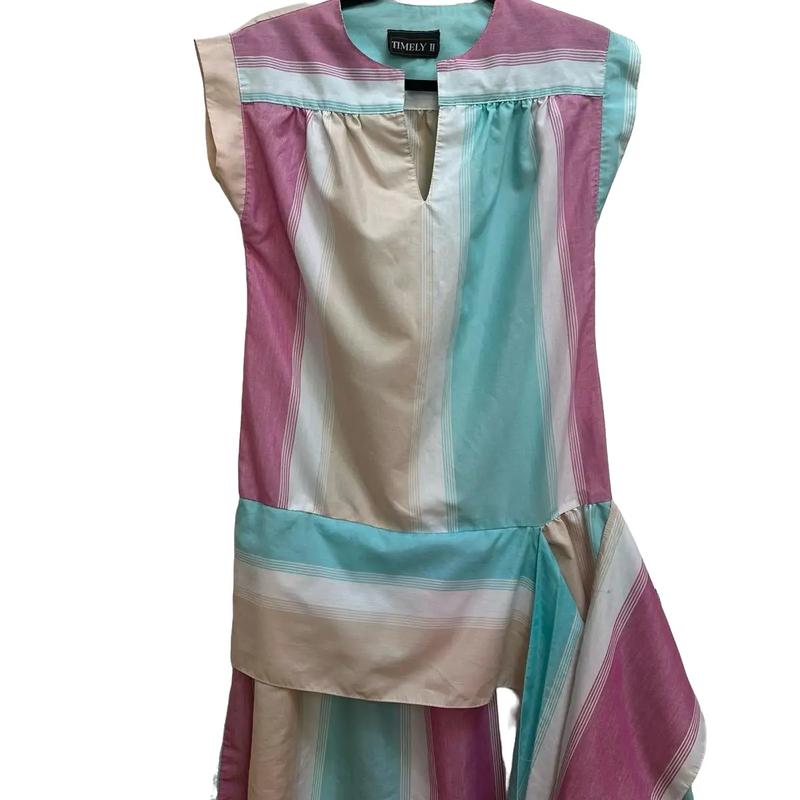 Vintage Timely II Striped Pastel Dress with Side-Tie Drop Waist 80’s