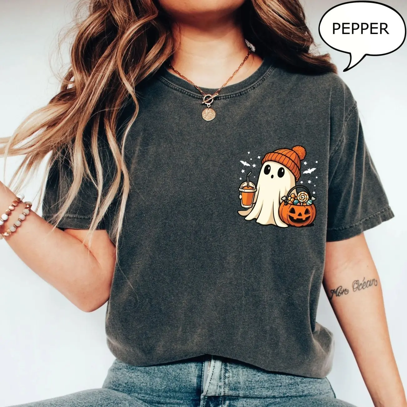 Comfort Colors Pocket Ghost T-Shirt, Cute Pumpkin Spice Latte Shirt, Halloween Ghost Graphic Tee, Spooky Season Fall Apparel, Cute Halloween Gift for Women and Men, Pumpkin Ghost Pocket Tee, Aesthetic Fall Season Outfit, Spooky Ghost Teacher Shirt