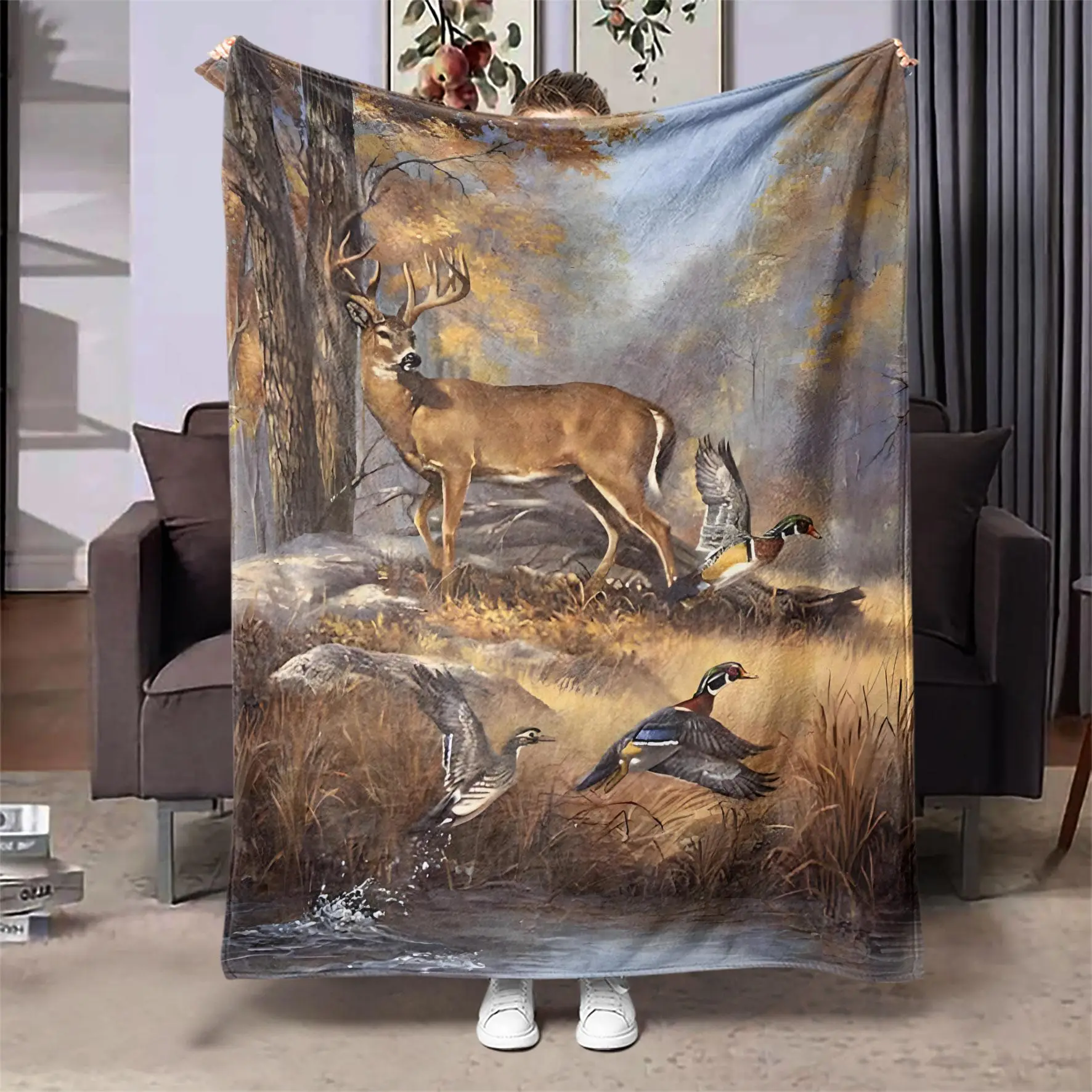 Landscape Pattern Printing Throw Blanket, Soft Warm Throw Blanket, Air-conditioned Room Blanket, Warm Nap Blanket for Home Office Travel Camping