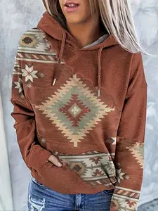 Women's Ethnic Geometric Pattern Hoodie Tops, Casual Fitted Navajo Style Printed Long Sleeve Hooded Sweatshirt, Graphic Print Hoodie for Daily Everyday Holiday Vacation Wear, Ladies Clothes for All Seasons