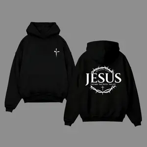 Jesus “The Way The Truth The Life” Graphic Hoodie Men’s Oversized Pullover with Crown of Thorns & Cross for Christian Streetwear, Faith-Based Apparel & Casual Comfort