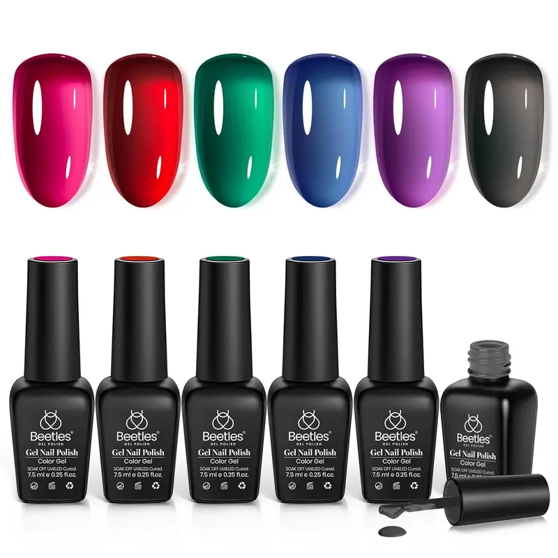 Beetles 6-Color Jelly Magic Gel Nail Polish Set - Flawless Cosmetic Manicure Kit, Luminous Soak-Off Gel Polish, LED/UV Curing Required, Smooth Glossy Finish, Daily Use & Gift for Women (With Bottles)