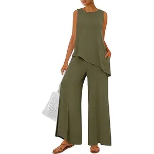 PrettyGarden Women's Sleeveless Two Piece Matching Lounge Sets Asymmetrical Split Tank Tops Wide Leg Pants Summer Outfits Tracksuit