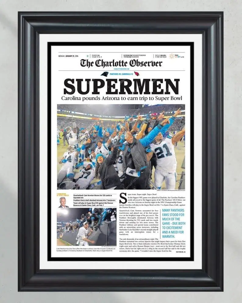 2016 Carolina Panthers 'SUPERMEN' NFC Champions Unframed Poster - Cam Newton Era Newspaper Print - Super Bowl Journey Decor - NFL Football Wall Art