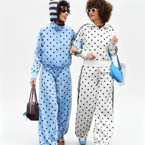 Women's Polka Dot 3-Striped Tracksuit 2 Piece Set - Zip Up Stand Collar Jacket & Wide Leg Pants Casual Streetwear Y2K Sport Outfit For Daily Workout